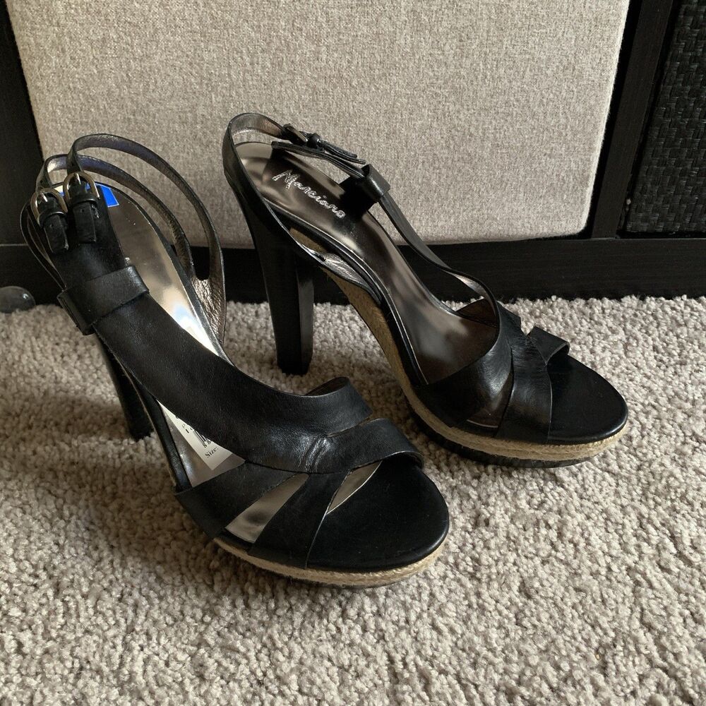 Marciano Platform Espadrille Leather Heels MSRP $250 Double Buckle 7.5